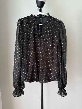 Haver London Black Metallic Polka Dot Sheer Ruffle Blouse Size M NWT